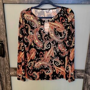 Paisley Keyhole Long Sleeve Tee - Black & Orange